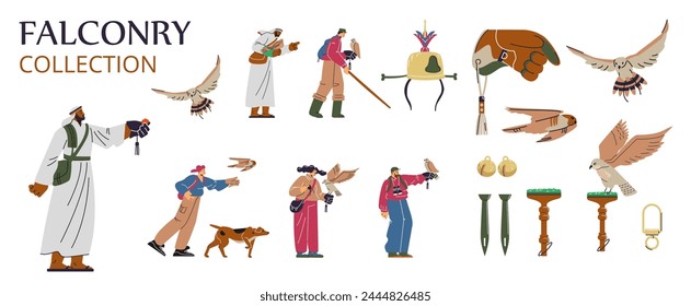 Set of falconry equipment for training birds of prey: block perch, mews or field jess, gauntlet, hood. People, Arab falconers with falcon, bird hunting. Cartoon vector collection