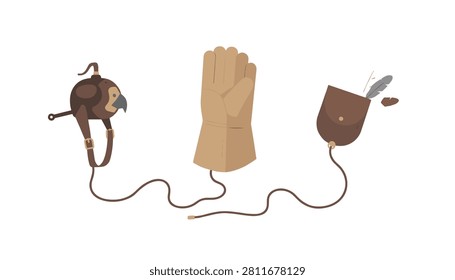 Set of falconry gear including a bird hood, a protective leather glove, and a brown pouch with an attached feather.
