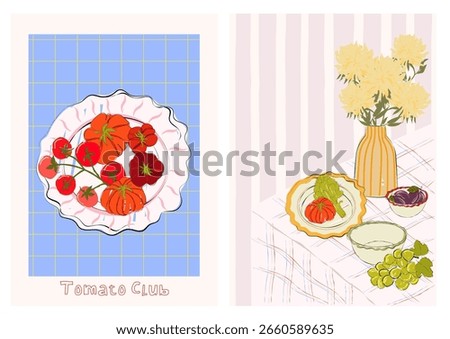 Set of fall aesthetic posters. Charming fall harvest illustration with tomatoes on a plate and a cozy kitchen table scene with grapes, artichokes, and florals.