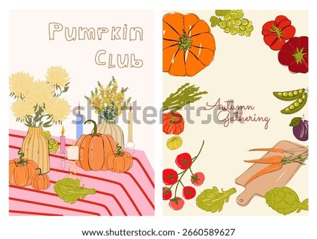 Set of fall aesthetic posters with hand-drawn pumpkins, flowers, and vegetables. Cozy autumn table with candles and striped cloth. Autumn harvest theme in a cottagecore, rustic style.
