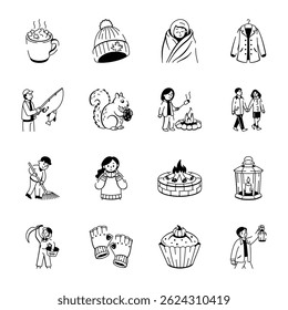 Set of Fall Animals and Characters Doodle Icons