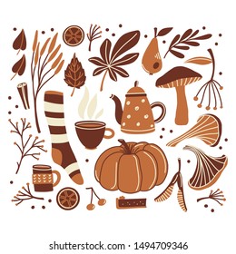 Set of fall, autumn season objects - pumpkin, sock, mushrooms, leaves, twigs and berries, flat cartoon vector illustration isolated on white background, square composition