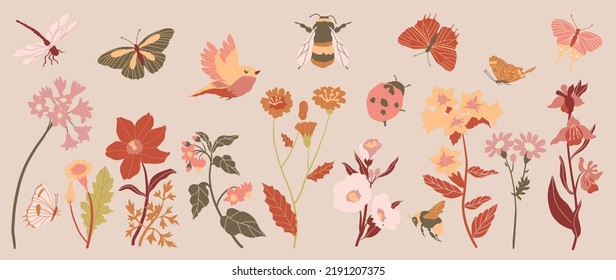 Set of fall botanical vector element. Collection of bird, butterfly, dragonfly, honey bee, flower, wildflowers, leaf, ladybug. Autumn garden illustration design for logo, wedding, invitation, decor.