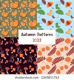 A set of fall colorful cartoon seamless patterns. You can use them for backgrounds, textiles, gift wrappers, and more. Vector stock seamless patterns