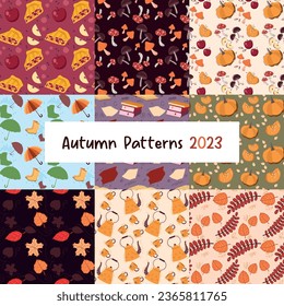 A set of fall colorful cartoon seamless patterns. You can use them for backgrounds, textiles, gift wrappers, and more. Vector stock seamless patterns