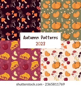 A set of fall colorful cartoon seamless patterns. You can use them for backgrounds, textiles, gift wrappers, and more. Vector stock seamless patterns