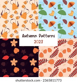 A set of fall colorful cartoon seamless patterns. You can use them for backgrounds, textiles, gift wrappers, and more. Vector stock seamless patterns