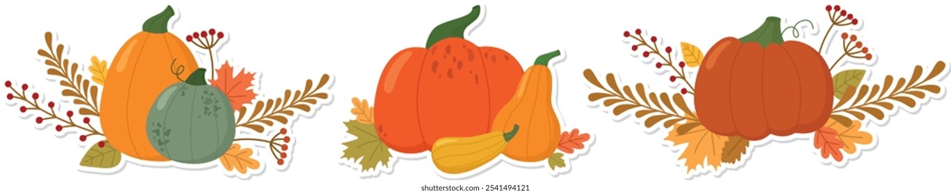 Set of fall compositions with pumpkins, leaves and branches. Cute colorful illustration with the autumn harvest