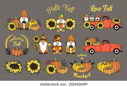 Set of fall elements. Autumn gnomes, pumpkins and sunflowers. Thanksgiving. 