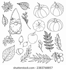 Set of fall elements. Autumn gnomes, pumpkins, apple and leafs. Thanksgiving.
