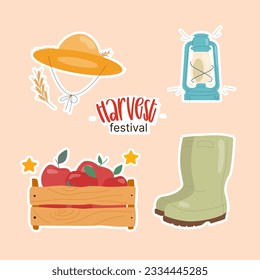 set fall elements vector illustration. Agricultural harvest collection. Thanksgiving Day design. Hat, pumpkin, lantern, rubber boots. Vector cartoon style isolated illustration for poster, banner, web