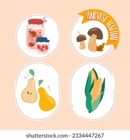 set fall elements vector illustration. Agricultural harvest collection. Thanksgiving Day design. jam, billets, pear, corn. Vector cartoon style isolated illustration for poster, banner, website