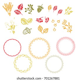 Set of fall floral elements and wreaths. Vector illustration.