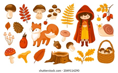 Set of fall forest stickers: falling leaves, basket with mushrooms, cute fox, snail, acorn. Autumn season collection for greeting card, prints, wrapping paper. Vector cartoon illustration.