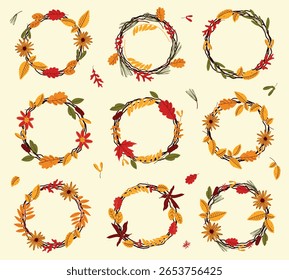 Conjunto de quadros de queda decorados com folhas de árvore caídas. Coroas de flores de círculo com folhas de outono para convite de casamento, cartões de saudação, convites, panfletos, promoção de vendas, etc.