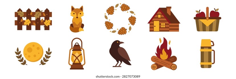 A set of fall illustrations including a wooden fence, fox, acorn wreath, cabin, apple basket, moon, lantern, crow, campfire, and a thermos