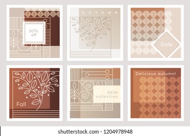 A set of fall inspired card templates in Art Deco style with golden patterns and elegant line illustrations of leaves and plants