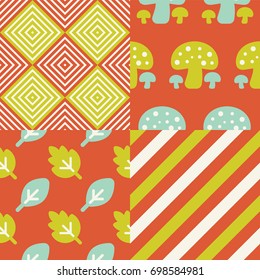 Set of Fall inspired Patterns. Collection of 4 vector Autumn themed retro seamless patterns.