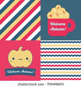 Set of Fall inspired Patterns and posters. Collection of 2 vector seamless patterns and 2 Autumn themed posters, they both read Welcome Autumn, one has a pumpkin on it, and the other one a coffee mug.