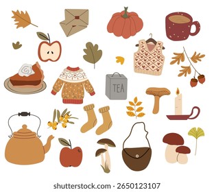 Um conjunto de itens de queda. Camisola, bule, folhas, bolota, torta, cogumelos, vela. Ilustração vetorial