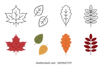 Set of fall leaves icons. Autumn leaves isolated on white background. Icons set in trendy line style. Vector illustration.