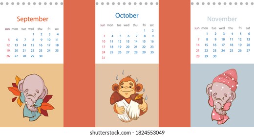 Set from the fall months of 2021. September October November. Calendar with cartoon cute animals. Editable vector template.
