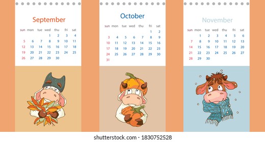 Set from fall months 2021. September October November. Calendar with cartoon cute bulls. Editable vector template.