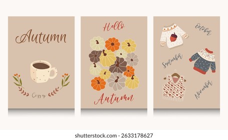 Set of fall pictures Cup of tea with autumn twig, set of sweaters juicy pumpkins postcards with lettering Vector sets postcards in flat style