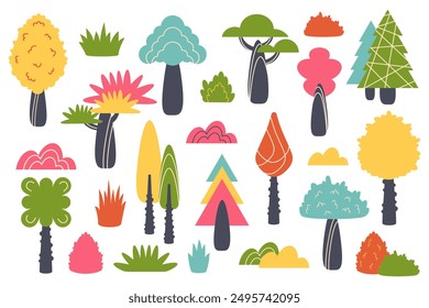 Conjunto de plantas de otoño. Coníferas y árboles caducifolios aislados sobre fondo blanco. Plantas forestales y de jardín. Elementos botánicos de temporada con árboles de colores con exuberantes coronas, follaje. Clipart. Vector
