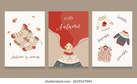 Set of fall postcards Knitted socks girl in sweater with red hair and a set of sweaters with fall patterns Vector illustration Cozy Autumn