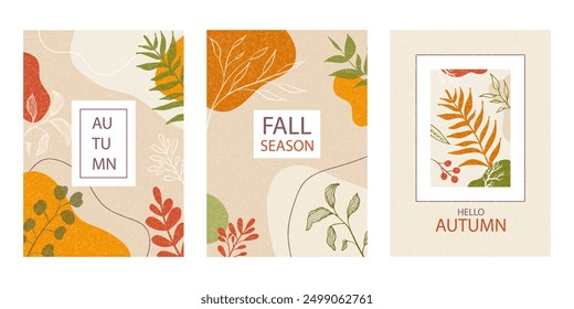 Set of Fall poster, cover, card with autumn leaves, plants. Trendy vector template for advertising, web, social media, print