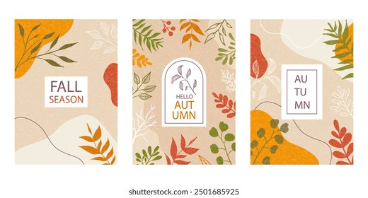 Set of Fall poster, cover, card with autumn leaves, plants. Trendy vector template for advertising, web, social media, print