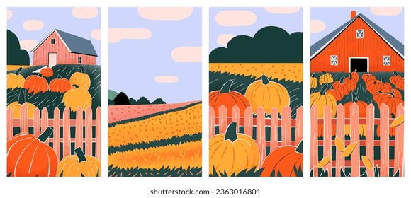 Set of fall pumpkin farm field landscape collection. Flat autumn nature art of october season scenery. Halloween holiday environment, thanksgiving card background bundle.