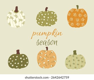 A set of fall pumpkins with different ornaments. Harvest season, fall illustration. Pumpkins with flowers and sprigs. Vector
