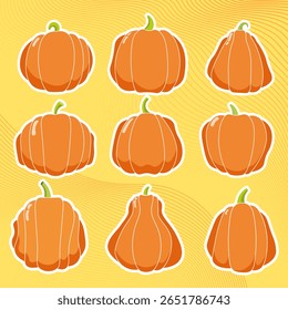 Set of fall pumpkins, flat icons. Vector illustrations isolated on abstract oranje background.