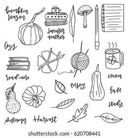 Set of fall related hand drawn doodles. Autumn wishes. Simple illustrations.