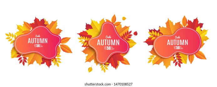 Set Fall Sale Banner Design. Autumn Sale Sticker Template. Promo Badge. Abstract Geometric Background With Colorful Falling Leaves. Fallen Foliage Backdrop. Vector Illustration