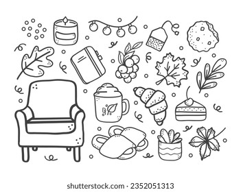 Set of fall season elements.  Pie, fallen leaves, slippers, croissant,electric garland, cookie, armchair. Isolated flat vector illustration. Hand drawn. For greeting card, wallpaper,  pattern fills.