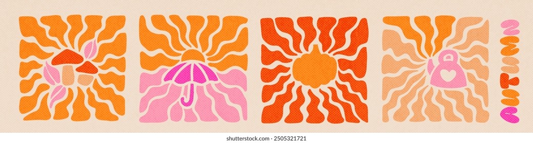 Set of fall season elements with wavy sun rays backgrounds in warm retro autumn colors. Groovy hippie backdrop. Retro 60s 70s psychedelic wavy design. Vector collection of wallpaper templates.