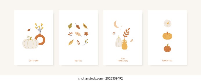 Set of fall season greeting cards and poster templates. Autumn minimal wall art. Vector designs with Pumpkins, leaves, foliage, vases and abstract shapes.