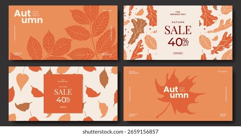 Set of Fall season horizontal background with abstract autumn leaves. Modern Autumn minimalist design template for web, sale, poster, banner, flyer, header, cover, social media, fashion ads