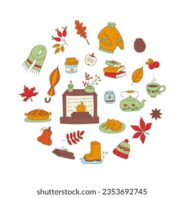 Set of fall seasonal elements. Autumn collection: dry leaves, harvest and berries, warm clothes, cozy home and other. Flat color vector illustration.