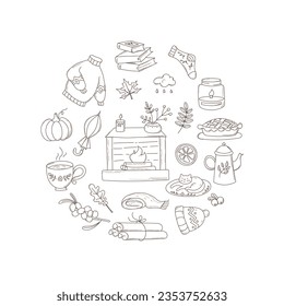 Set of fall seasonal elements. Autumn collection: dry leaves, harvest and berries, warm clothes, cozy home and other. Sketch vector illustration.