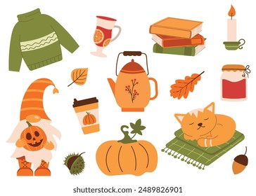 Conjunto de Elementos de temporada de otoño. Colección de otoño: hojas secas, cosecha y bayas, ropa de abrigo, hogar acogedor y otros. Ilustración vectorial plana de color.