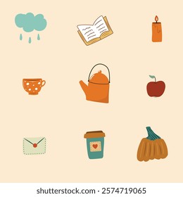 Set of fall seasonal elements. Autumn collection: kettle, book, candle, cozy home and other. Flat color vector illustration.