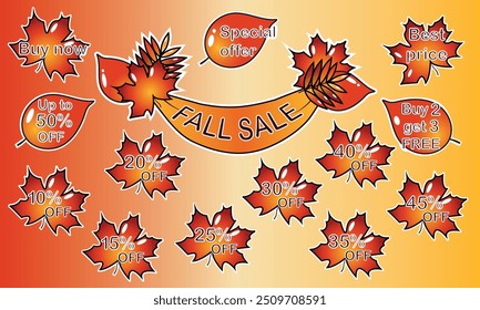 Set of fall shopping autumn leaf stickers and badges. Simple cartoon style, bright colors, eye-catching disign. For web, print, paper, banner, poster.