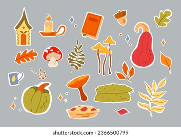 Aislar los stickers de caída. Elementos del otoño: Hongos, Cuevas, Calabaza, Pie, Café, Cama, Vela, Libro. Ilustración vectorial.