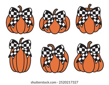 Conjunto de calabazas de otoño y Acción de Gracias con cuadros y lazos de Ilustración vectorial.