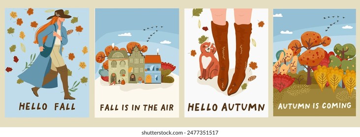 A set of fall vertical illustrations about fall with people and nature. Hand drawing vector.