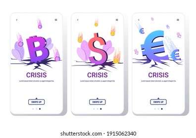 set fallen in price currency falling down bitcoin dollar and euro coins financial crisis bankruptcy investment risk concept smartphone screens collection horizontal copy space vector illustration